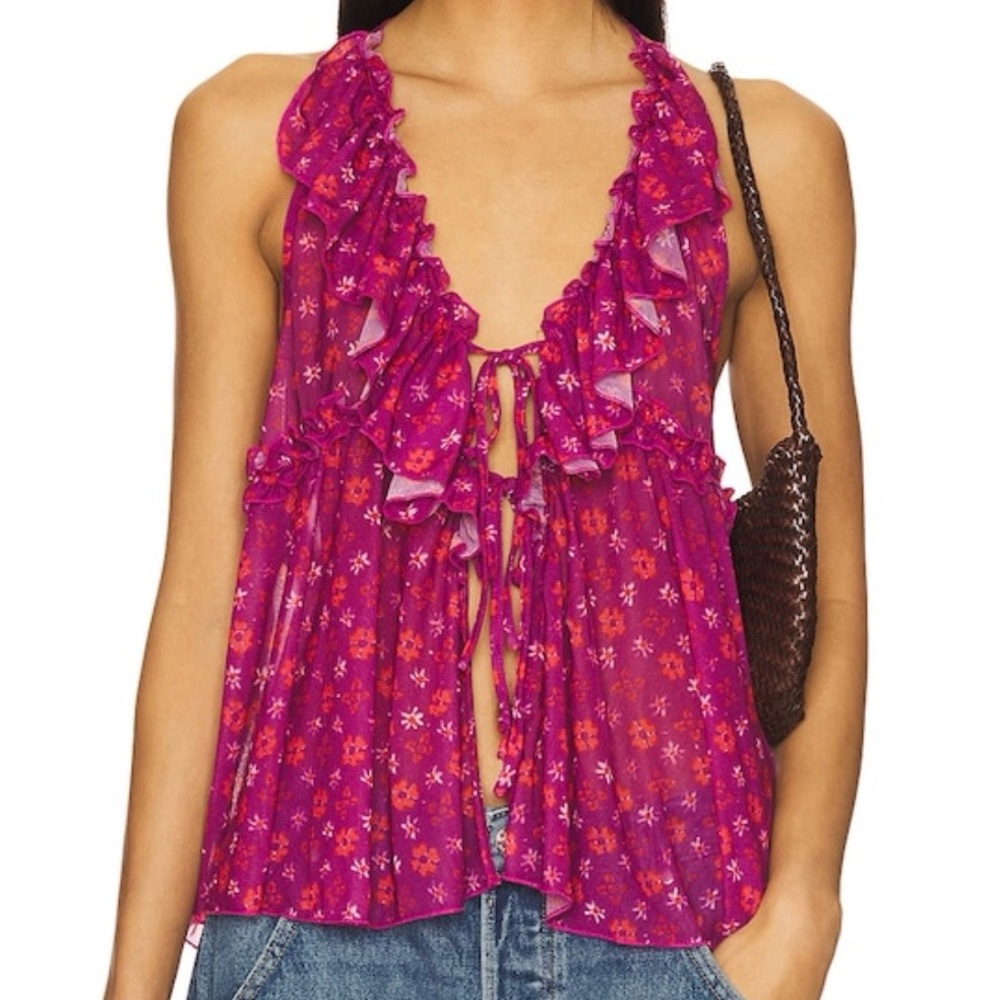 Free People Fearless Ruffle V Neck Tank Women M Pink Purple